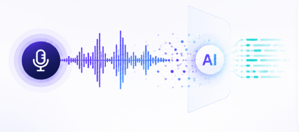 Onda de audio de un podcast convirtiéndose en texto y datos analizables