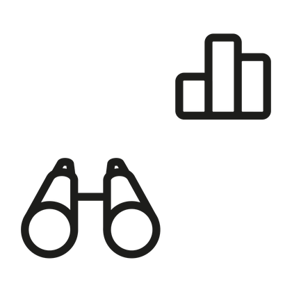 Icono de prismáticos y gráfico: seguimiento de la competencia en pódcast